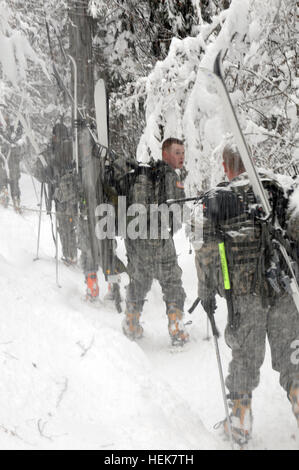 BOHINJSKA BELA, Slovenia -- un soldato con U.S. Esercito dell'Europa 172nd della brigata di fanteria ha snow oggetto di pratiche di dumping su di lui da un albero overhaning durante le racchette da neve di formazione presso la slovena delle Forze Armate di montagna del Centro di formazione 2 dic. soldati del 172nd della brigata di fanteria ha partecipato alla guerra di montagna la formazione per familiarizzare con le difficoltà incontrate durante le operazioni di montagna. (U.S. Esercito phot da Sgt. Joel Salgado) 172nd montagna sloveno di formazione (5227467818) Foto Stock