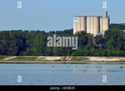 Missouri esercito Guardia Nazionale degli ufficiali di collegamento (LNOs) dalla Task Force 110 ha risposto a una chiamata di un argine al di sopra o possibile culatta sull argine L550, situato ad ovest di Phelps città vicino alla frontiera con il Nebraska. Il LNOs coordinato con le autorità locali durante l'evento. Guardie erano affissi vicino l'argine access come un pubblico precauzioni di sicurezza. In questa foto acqua può essere visto superamento argine L550 e un foro può essere visto la formazione sull'argine al di sotto del elevatori delle granaglie. La Missouri e la Guardia Nazionale continuerà ad assistere le autorità locali nel mantenere i cittadini del Missouri sicuro come possibl Foto Stock