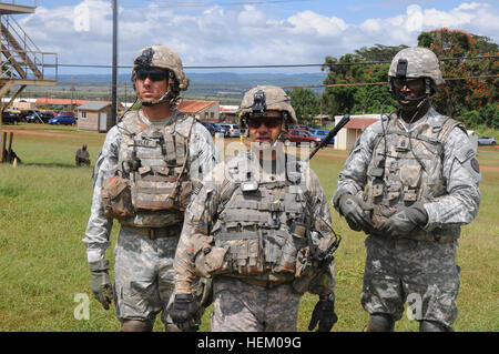 Da sinistra, U.S. Esercito Col. Brian Eifler, il comandante della brigata 3 Team di combattimento, XXV divisione di fanteria, Lt. Col. Barrett Bernard, il comandante del secondo battaglione, 27 reggimento di fanteria e il comando Sgt. Il Mag. David Clark, Eifler senior advisor arruolato, osservare la formazione durante il Bronco Rumble, una società a livello di bracci combinata live-fire esercitare, a Schofield caserma, Hawaii, 8 maggio 2013. (U.S. Esercito foto di Sgt. Brian Erickson/RILASCIATO) Bronco Rumble 130508-A-CJ175-184 Foto Stock