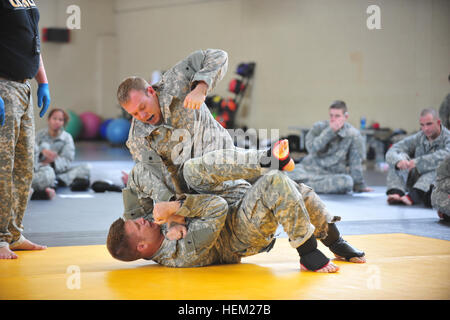 Soldati dal 101st Airborne Division (Air Assault), ha partecipato a un esercito degli Stati Uniti Scuola Combatives Mobile Team di formazione di livello 3 Seminario di formazione a gennaio 31, 2012, a Fort Campbell, Ky. Il corso di quattro settimane incentrati su boxe, kick boxing, wrestling, e tecniche di tattica. Fort Campbell Combatives Livello 3 120131 MTT-A-ZW716-636 Foto Stock