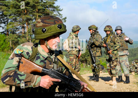 Esercito albanese soldati, replica di esercito nazionale afghano, e l'esercito tedesco soldati da guida operativa Liaison Team (evitare) 9, discutere le procedure tattiche durante la trazione di sicurezza durante un evitare esercizio presso la multinazionale comune disponibilità centro in Hohenfels, Repubblica federale di Germania il 7 maggio 2012. Evitare XXIII e polizia guida operativa Liaison Team (POMLT) VII formazione sono progettati per preparare i team per la distribuzione in Afghanistan con la capacità di formare, consigliare e abilitare la nazionale afghano di forza di sicurezza in aree come di controinsurrezione, combattere advisory, forza e abilitare il supporto operatio Foto Stock