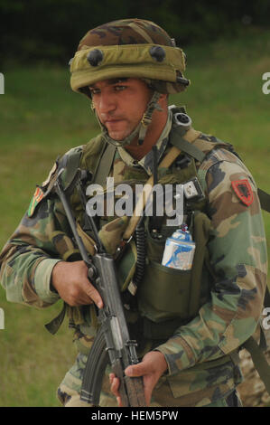 Un soldato albanese sta di guardia dopo aver simulato fuoco indiretto da combattenti ostili durante una guida operativa liaison team training esercizio presso la multinazionale comune disponibilità centro in Hohenfels, Germania, 9 maggio 2012. Guida operativa Liaison Team di formazione è progettato per preparare le forze della NATO per intero spettro le operazioni in Afghanistan. Polizia Guida operativa Liaison Team Formazione civile prepara i funzionari di polizia per la formazione di membri della polizia nazionale afgana. (U.S. Esercito foto di Spc. Emanuel Cooper) operativo della NATO Mentor Liaison Team Training esercizio XXIII 120509-A-PC202- Foto Stock