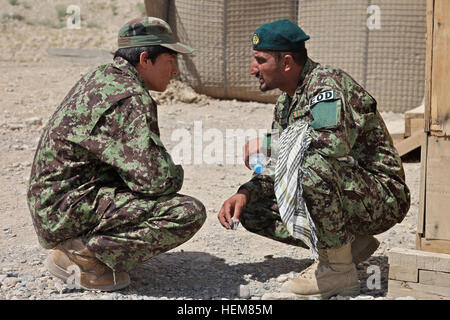 Un esercito nazionale afghano istruttore, diritto, assegnato alla quarta Kandak, 203rd brigata, parla con uno dei suoi studenti durante l ordinanza sugli esplosivi smaltimento di formazione presso il composto Miawon, Avanzamento base operativa gambo, provincia di Logar, Afghanistan, luglio 18, 2012. (U.S. Esercito foto di Sgt. Austin Berner/RILASCIATO) EOD esercizio 120718-A-BZ540-023 Foto Stock