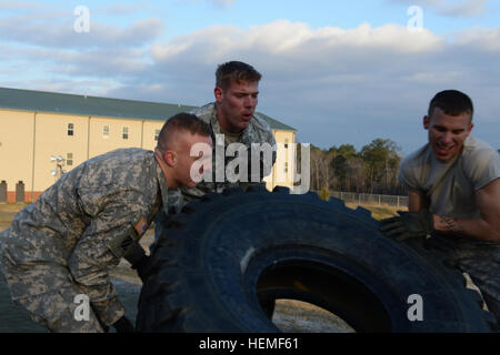 Da sinistra, U.S. Army Spc. Scott Wasilevich, Staff Sgt. Daniel Hansen e Sgt. Nicholas Gonnion, tutti con la terza Brigata Team di combattimento, terza divisione di fanteria, sollevare un carrello pneumatico mentre competere nella sessione inaugurale Gainey Cup a Fort Benning, Ga., Marzo 2, 2013. Ospitato da parte del governo degli STATI UNITI Esercito Scuola Armor, il concorso nazionale denominato per pensionati Comando Esercito Sgt. Il Mag. William Gainey prove conoscenza e competenza tattico in ricognizione e delle operazioni di protezione. (U.S. Esercito foto di Sgt. 1. Classe Raymond Piper/RILASCIATO) Gainey Cup - pneumatico flip 880242 Foto Stock