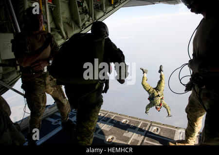 Operazioni speciali ponticelli dal Canadian Special Operations reggimento, berretti verdi di 7 Forze Speciali Gruppo (Airborne) e para-rescue aviatori dalla Air Force Special Operations Command inizia uscendo da un British C-130 dalla Royal Air Force durante una alta altitudine bassa apertura Parachute Jump (alone) Campo Hurlburt Fla., Aprile. 25, 2013. Operazioni speciali di membri da le forze della coalizione hanno partecipato in Halo salta durante l'esercizio guerriero di smeraldo, guerriero di smeraldo è un esercizio progettato per fornire formazione irregolare presso la tattica e i livelli operativi. L'esercizio ha coinvolto tutti i rami Foto Stock