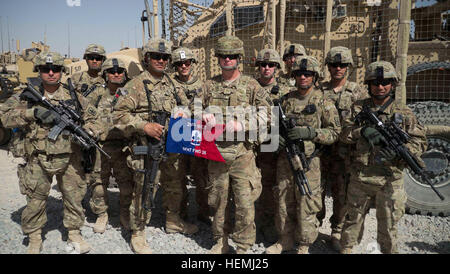 Stati Uniti Esercito la forza di sicurezza Advisory Team 21, 29 della brigata di fanteria combattere la squadra, Hawaii National Guard, formano insieme prima che la loro ultima missione per la riserva di Qalat Kandak in Qalat, Afghanistan, 6 maggio. SFAT 21 è composta di (da sinistra a destra): Sgt. 1. Classe Samuel Jelsma, Sgt. Bennett Sansone, il Mag. Concessione Maeshiro, comando Sgt. Il Mag. Craig Ynigues, 1Lt. Christopher Bretz, il Mag. Kevin Carbrey, CPT. Trevor Mastromarino, Sgt. 1. Classe Shane Teixeira, Sgt. Brandon Martin, Staff Sgt. David Rasquero e Chief Warrant Officer 3 Brian Sakai. (U.S. Esercito foto di Spc. Tim Morgan) Missione completa per Haw Foto Stock