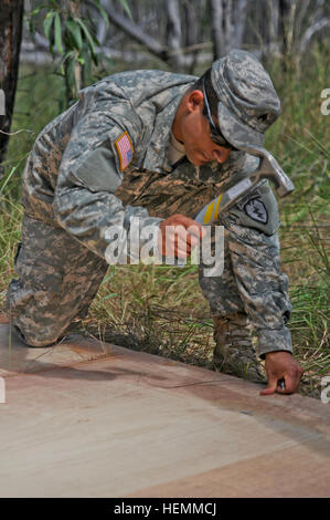 Stati Uniti Army Sgt. Cesar Lara con la quarta brigata di fanteria Team di combattimento, XXV divisione di fanteria, costruisce una formazione temporanea struttura per il talismano di Saber 2013 a Shoalwater Bay Area Formazione nel Queensland, Australia, luglio 18, 2013. Talismano Saber è un combinato di esercizio biennale tra gli Stati Uniti e le forze armate australiane progettato per migliorare entrambe le nazioni la loro capacità di rispondere alle emergenze regionali. (U.S. Foto dell'esercito da personale sergente Jeffrey Smith/RILASCIATO) Spartan paracadutisti preparare per il talismano di Saber 2013 130717-A-ZX807-803 Foto Stock