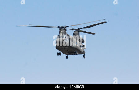 Un decimo di combattimento Brigata Aerea CH-47 elicottero Chinook vola un personale e attrezzature movimento missione, Sett. 22, sulla provincia di Ghazni, Afghanistan. Il CH-47 è l'U.S. Dell'esercito premiere il sollevamento pesante assiste e svolge un ruolo fondamentale nel trasporto di truppe e di attrezzature in tutto il campo di battaglia. Decimo combattere la Brigata Aerea Chinooks in azione 130922-A-SM524-451 Foto Stock