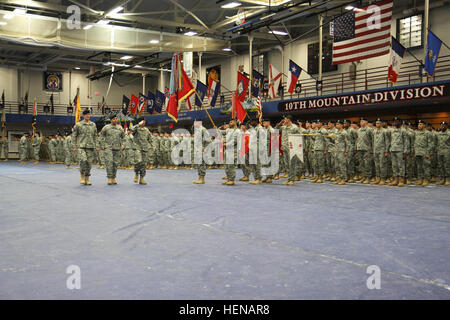 Col. David S. Doyle (sinistra), comandante in arrivo, il Mag. Frank M. Buchheit (centro), comandante delle truppe e Col. Dennis S. Sullivan (a destra), il comandante uscente, tutti della seconda Brigata Team di combattimento, decimo Montagna divisione, Fort Drum, N.Y., ispezionare ciascun battaglione formazione durante un cambiamento di cerimonia di comando gen. 21 a Magrath Sports Complex. 2° Brigata Team di combattimento accoglie con favore il nuovo comandante 140121-A-ZZ999-012 Foto Stock