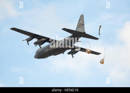 Un U.S. Air Force Lockheed C-130 Hercules appartenenti alla 96Airlift Squadron, 934th Airlift Wing, Minneapolis-Saint Paolo comune di riserva d'aria Stazione, Minn., gocce fornisce oltre il Badger Drop Zone a Fort McCoy, Wis., 9 maggio 2014. La 96si trovava ad assistere con un combattimento annuale di formazione per il supporto di esercizio di 7.000 soldati e comune di personale militare. (U.S. Esercito foto di Spc. Robert Farrell/RILASCIATO) Airdrop a Fort McCoy, Wis. 140509-A-TW638-055 Foto Stock