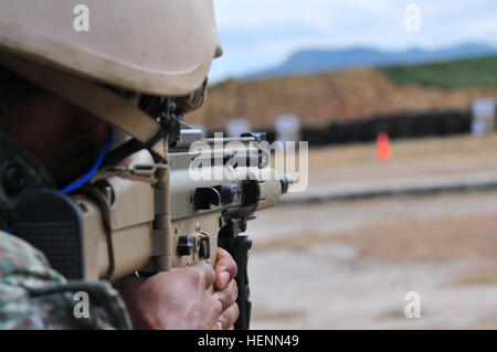 Un membro della speciale Team operazioni dal Perù prende la mira durante il fucile di precisione di tiro concorrenza Luglio 24 come parte del Comando Fuerzas 2014 a Fort Tolemaida, Colombia. Il Perù al secondo posto durante il concorso. Truppe élite andare per vincere durante il fucile, pistola eventi a Fuerzas Comando 2014 140724-A-NV708-496 Foto Stock