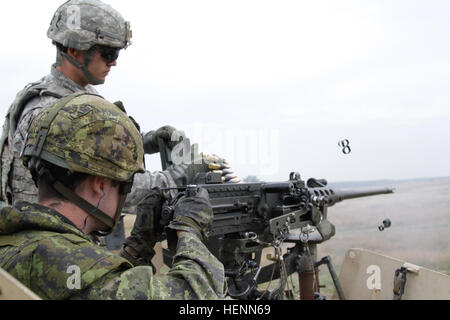 Pfc. Michael Nixon, 2° Battaglione, 503rd Reggimento di Fanteria, 173rd Brigata Aerea e un nativo di Pensacola, Fla., assiste il caricamento di munizioni su una M2 0,50 Caliber machine gun durante il live-fire familiarizzazione con formazione di un soldato canadese dal 3° Battaglione, Royal Canadian Regiment, presso la gamma Mileno vicino a Drawsko Pomorskie, Polonia, 25 luglio. Gli Stati Uniti Esercito è la formazione con la sua lucidatura e omologhi canadesi per costruire un rapporto di fiducia e di sostenere l'interoperabilità a sostegno del funzionamento Atlantic risolvere. (U.S. Esercito Foto di Sgt. 1. Classe Adam pietra/RILASCIATO) NATO paracadutisti guadagnare la fiducia su machin Foto Stock