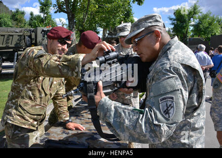 Pvt. Matic Murn, un soldato di fanteria con il decimo Reggimento di Fanteria regola la curiosità su un FN F2000 fucile da assalto per Master Sgt. Alvaro R. Delassalas, una centrale nucleare chimica biologica sottufficiale con la 353 gli affari civili del comando il Agosto 17, 2014 a Postojna, Slovenia. Soldati dallo sloveno Forze Armate armi visualizzato per i partecipanti di esercitare una risposta immediata 14 prima della cerimonia di apertura in un parco. (U.S. Foto dell'esercito da: Sgt. Gregory Williams/RILASCIATO) soldati, marinai, aviatori e multi cittadini kick off risposta immediata 14 140817-A-BD830-001 Foto Stock