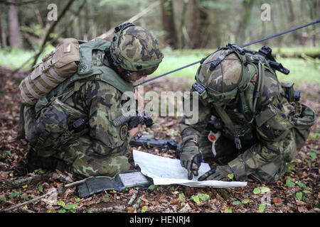 Soldati ceca di xli battaglione meccanizzato, 4° Rapid Deployment brigata, discutere caratteristiche del terreno mentre fa riferimento a una mappa durante il training esercizio Saber Junction 2014 presso la multinazionale comune disponibilità centro in Hohenfels, Germania, Sett. 6, 2014. Giunzione di Saber 2014 prepara U.S., gli alleati della NATO e la sicurezza europea ai partner di condotta unificata operazioni terrestri attraverso la combinazione simultanea di offensiva e difensiva e operazioni di stabilità appropriati per la missione e l'ambiente. Ulteriori informazioni su Saber Junction 2014 può essere trovato alla http://www.eur.army.mil/SaberJunction/ (U.S Foto Stock