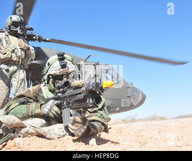 Un soldato dal 1° Battaglione, 36o reggimento di fanteria, 1° Brigata Stryker, 1° Divisione Corazzate assume una posizione di combattimento dopo il salto da un UH-60 Black Hawk elicottero volato da 3° Battaglione, 501Reggimento di aviazione, 1AD Combattere la Brigata Aerea, durante caldo-formazione di carico prima di un assalto dell'aria al di fuori del villaggio di Shirvan, come parte di un ferro da stiro esercizio di messa a fuoco sulla Fort Bliss gamma complessa, Marzo 26, 2015. La Air Assault, dotate di una dozzina di UH-60 Black Hawk, CH-47 Chinook e AH-64 elicotteri Apache plus aquila grigia ombra e veicoli aerei senza equipaggio, forzato fuori guerriglieri che avevano Foto Stock