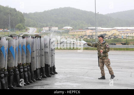 Un soldato sloveno, a destra dello sloveno di Polizia Militare getta acqua a soldati rumeni internazionali di risposta regionale società, XXVI Battaglione di montagna, durante la conduzione di folla antisommossa durante la formazione di una forza per il Kosovo (KFOR) Missione prove generali di esercizio (MRE) al giunto multinazionale Centro Readiness in Hohenfels, Germania, 18 giugno 2015. La KFOR MRE si basa sull'attuale ambiente operativo ed è progettato per preparare l'unità per il sostegno della pace e della stabilità e le operazioni di emergenza in Kosovo a sostegno delle autorità civili per mantenere un ambiente sicuro e protetto. (U.S Foto Stock