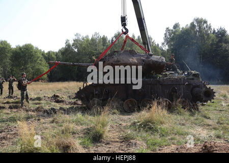 Soldati ceca della 74a luce battaglione motorizzato, 7° Brigata meccanizzata riassemblare la rottura di un serbatoio di accumulo durante l'esercizio Allied Spirit II presso l'U.S. Dell'esercito multinazionale comune disponibilità centro in Hohenfels, Germania, e il Agosto 9, 2015. Allied Spirit II è una multinazionale decisa azione ambiente formazione esercizio che coinvolge oltre 3.500 soldati provenienti da entrambi gli Stati Uniti, alleati e nazioni partner focalizzata sulla creazione di partenariati e di interoperabilità tra tutte le nazioni partecipanti e sottolineando la missione il comando, intelligence, supporto e incendi. (U.S. Esercito foto di Spc. Courtney Hubbard/Re Foto Stock