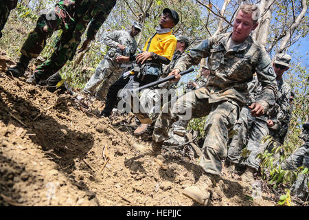 Stati Uniti Army Spc. Michael Kozub, un fante dal Bravo Company 2-27esimo reggimento di fanteria 3° della brigata di fanteria xxv divisione di fanteria, ottiene in posizione per terminare lo scavo di un foxhole al fianco di soldati indonesiani 1a Divisione di Fanteria di Kostrad durante la Garuda scudo, Pacific Pathways 2015 in Cibenda, West Java, Indonesia, il 21 agosto 2015. Garuda Shield è un pianificate regolarmente esercizio bilaterale sponsorizzato da U.S. Army-Pacific, ospitato annualmente dal Tentara Nasional Indonesia esercito a promuovere la sicurezza regionale e la cooperazione. (U.S. Esercito Foto di Spc. Michael Sharp/RILASCIATO) Garuda Shield Foto Stock