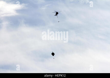 Un U.S. Esercito UH-60M Blackhawk elicottero azionato da B Company xliii elicottero d'assalto Battaglione, 3° reggimento di cavalleria, terza divisione di fanteria, gocce paracadutisti assegnato alla società di cane, 1° Battaglione, 503rd Reggimento di Fanteria, 173rd Brigata Aerea presso il Grande Hetman lituano Radvila Jonusas reggimento di formazione, in Rukla, Lituania, Sett. 12, 2015. I soldati del 173rd Brigata Aerea e la terza divisione di fanteria in Europa come parte di Atlantic risolvere, a dimostrazione della continua l impegno degli Stati Uniti per la sicurezza collettiva della NATO e di una pace durevole e la stabilità nella regione. Stati Uniti Foto Stock