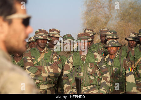 Soldati senegalesi ascoltare un italiano delle forze speciali istruttore durante un fondamentali della classe di pattugliamento in Podor, Senegal il 10 febbraio, 2016. La classe è parte di Flintlock 2016, un africano militare è stata incentrata sulla sicurezza, la lotta contro il terrorismo e militari di assistenza umanitaria per le aree periferiche. (U.S. Esercito foto di Spc. Gesù Olvera/RILASCIATO) senegalesi, le truppe degli Stati Uniti a Flintlock 16 160211-A-ZZ999-004 Foto Stock