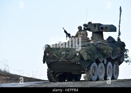 Troopers assegnato alla truppa mietitore, quarto squadrone, 2° reggimento di cavalleria, guidare le loro M1134 Anti-Tank missile guidato il veicolo alla sua posizione di sparo durante lo squadrone live-fire esercitare all'Grafenwoehr Area Formazione, situato vicino alla caserma di Rose, Germania, 15 marzo 2016. Lo scopo del live-fire esercizio era di contribuire a convalidare il reggimento la missione di piattaforme di comando mentre si conduce una capstone-evento di formazione che comprende una fase di transizione dal Movimento per le capacità di manovra. (U.S. Esercito foto di Sgt. William A. Tanner) Reaper truppa, 2CR conduce un veicolo live-fire esercizio 160315-A-EM105- Foto Stock