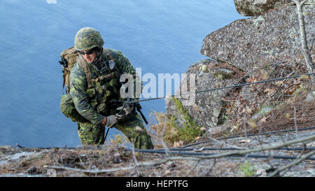 Un paracadutista canadese dal 3 Royal Canadian reggimento rappels giù in un dirupo durante la collina 187 concorrenza, l'evento culminante per il funzionamento Viking Taloni, su Garrison Petawawa, Ontario, 17 maggio 2016. Un plotone dal 2° Battaglione, 325Airborne Reggimento di Fanteria, 2° Brigata Team di combattimento, ottantaduesima Airborne Division, comandata dal 3° RCR durante il Viking Taloni, sono stati invitati a partecipare, e successivamente ha vinto il concorso, prendendo la seconda Lt. Ed Hollyer trophy. Il concorso prende il nome dall'ultima e impegno più sanguinosi della guerra di Corea per i Canadesi, quando il terzo Foto Stock