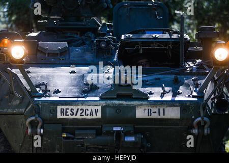 Stati Uniti Soldati, assegnato all'Ingegnere Regimental Squadron, 2° reggimento di cavalleria, spostare i loro veicoli Stryker verso alla gamma di preparare per live fire porzione del selezionabile Attacco leggero munizione (SLAM) dimostrazione presso il Grafenwoehr Area Formazione, Germania, agosto 25,2016. SLAM è una munizione multiuso progettato per essere facilmente portabile e mano-collocata leggermente contro la fanteria corazzata veicoli aerei parcheggiati e petrolio siti di stoccaggio. Esso può funzionare giorno e notte durante tutte le condizioni meteo per sconfiggere gli obiettivi selezionati usando un modo esplosivo formato penetratore warhead. SLAM ha Foto Stock