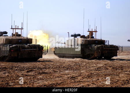 Un British Royal Scots Dragon protezioni, Challenger II, il principale serbatoio di battaglia incendi la sua pistola principale su un bersaglio durante un esercizio di formazione nov. 17, 2008, di Bassora, in Iraq. (U.S. Esercito foto di Sgt. Gustavo Olgiati/RILASCIATO) Challenger II incendi la sua pistola principale su un bersaglio 03 Foto Stock