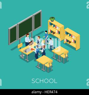 Scuola e illustrazione di apprendimento. Scuola e apprendimento concetto isometrica con insegnanti e bambini su sfondo blu vettore Illustrazione Vettoriale