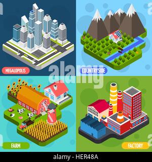 Le posizioni 4 isometrica Icone Square. La coltivazione Agricoltura strutture di campagna e megalopolis 4 isometrica Icone square Illustrazione Vettoriale