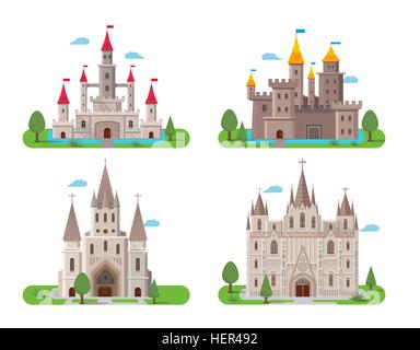 Medieval antichi castelli set. Medievale castello di antichi edifici piatto set di icone isolato illustrazione vettoriale Illustrazione Vettoriale