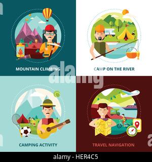 Camping Design Concept Banner. Tipi di campeggio design concept quattro icone quadrate composizione astratta banner illustrazione vettoriale Illustrazione Vettoriale