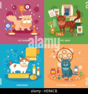 Gatti concetto set. Gatti design concept impostato con pet toelettatura e ambulatorio veterinario icone piatto isolato illustrazione vettoriale Illustrazione Vettoriale