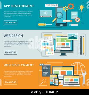 Sviluppo di un sito web banner. Set di tre concetto orizzontale banner illustrato gli aspetti di sviluppo del sito web del vettore di processo Illustrazione Vettoriale