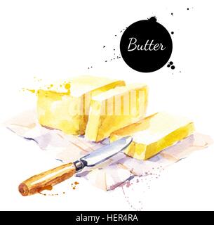 Acquerello stick di burro e di coltello. Isolato eco alimenti naturali illustrazione vettoriale su sfondo bianco Illustrazione Vettoriale