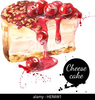 Disegno ad acquerello cherry cheesecake dessert. Il vettore isolato illustrazione alimentare su sfondo bianco Illustrazione Vettoriale