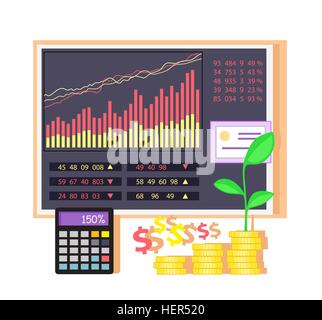 Investire in azioni icona concept design piatto. Gli investimenti nelle imprese, Denaro e finanze, dati tabella, grafico finanziaria del mercato Illustrazione Vettoriale