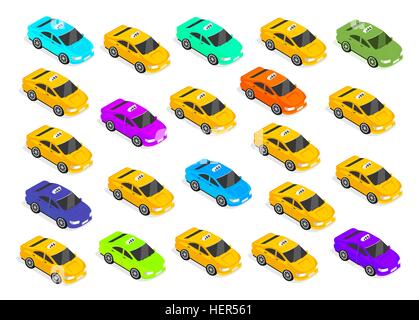 Appartamento 3D isometrica Auto Taxi. Appartamento 3D isometrica di alta qualità taxi auto. Città servizio trasporto icona. Auto taxi icona. Taxi isometrica Illustrazione Vettoriale