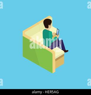 Uomo seduto sul lettino icona isomertic isolato. Uomo seduto, il lettino o il divano, adulto uomo relax, comodo divano, guy Illustrazione Vettoriale