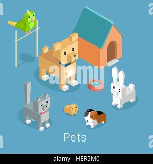 Animali domestici impostare l'icona isometrica, design 3d. Il Pet e il cane, cane e gatto, Gatto, gruppo di animali domestici, cucciolo animale, gattino carattere, natura Illustrazione Vettoriale