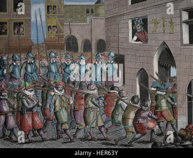 Il francese guerre di religione 1562-1585, otto guerra 1585-1598. Il re Enrico IV di Francia a guardare la partenza degli Spagnoli da porte Saint Denis. Foto Stock