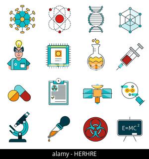 La scienza le icone della linea Set . Scienza linea di set di icone con idea e sperimentare i simboli isolati piatta illustrazione vettoriale Illustrazione Vettoriale