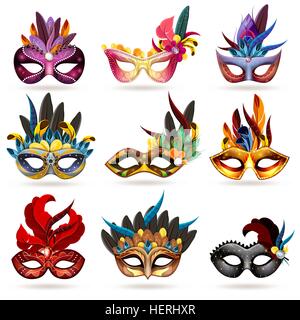 Maschera di set di icone . Maschera realistico set di icone con piume e gioielli isolato illustrazione vettoriale Illustrazione Vettoriale