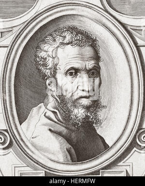 Michelangelo di Lodovico Buonarroti Simoni,1475 - 1564, aka Michelangelo. Rinascimento Italiano scultore, pittore, architetto, poeta e ingegnere. Da un edificio del XVIII secolo di stampa. Foto Stock