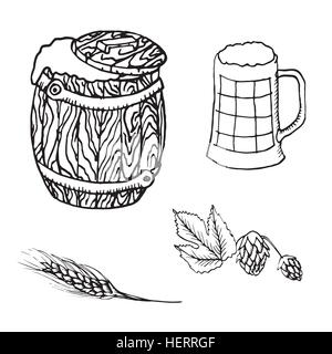 Barile di birra, mug, luppolo, spike, disegnati a mano doodle, schizzo in pop art style, vettore Illustrazione Vettoriale