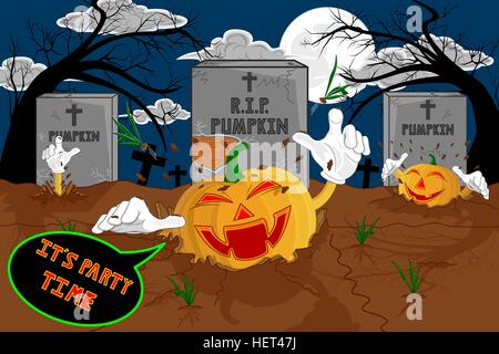 Sfondo cartoon halloween resuscitare zucca al cimitero per la festa di Halloween. illustrazione vettoriale. Illustrazione Vettoriale