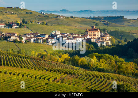 Alba su vigneti e la città di Barolo, Piemonte, Italia Foto Stock