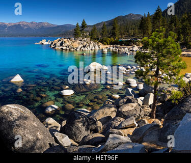 Sand Harbor, Lake Tahoe, Nevada, in una giornata di sole con il cielo blu e chiaro l'acqua. Foto Stock