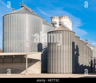 Silo agricoli. Esterno dell'edificio. Stoccaggio ed essiccazione di grani, frumento, mais, soia, contro il cielo blu con nuvole Foto Stock