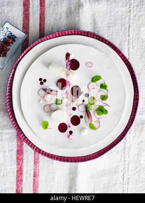 Delicato nouvelle cuisine piatto Foto Stock